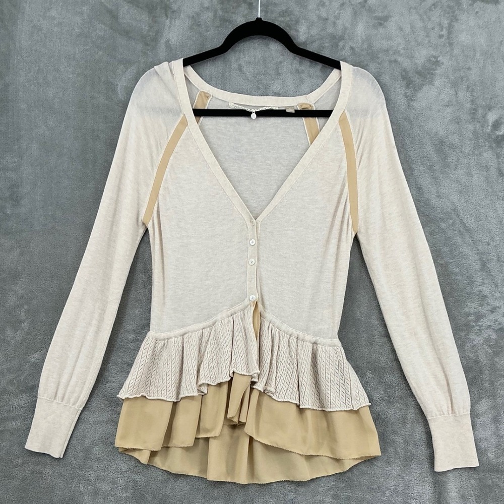 Knitted & Knotted Cardigan Womens Medium Peplum Button Wool Blend Coquette Beige